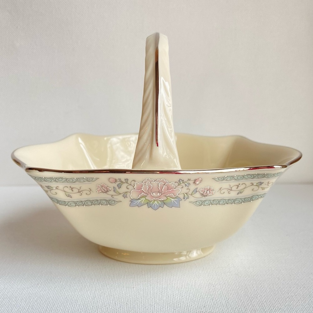 Lenox Charleston porcelain basket with handle in pastel floral and platinum trim